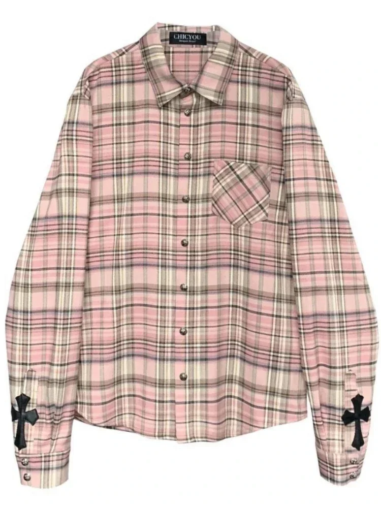 ADAgirl Pink Plaid Shirt Women Cross Button Up Blouses Female High Street Long Sleeve Tops Hippie Autumn Oversize Streetwear Ins