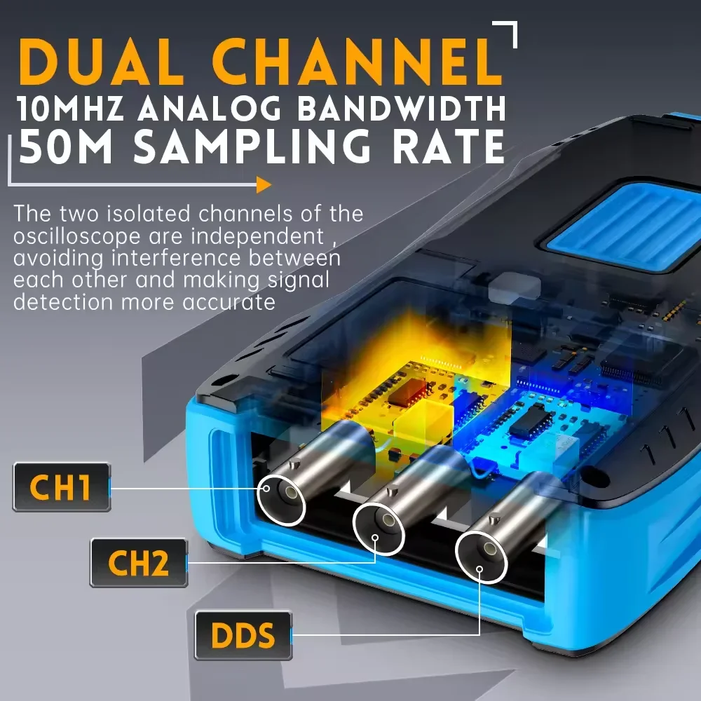 Gerador de sinal osciloscópio digital, 3 em 1, canais duplos, multímetro, 10mHz * 2, 50 Mbps, 2023 mais recente, 2c23t