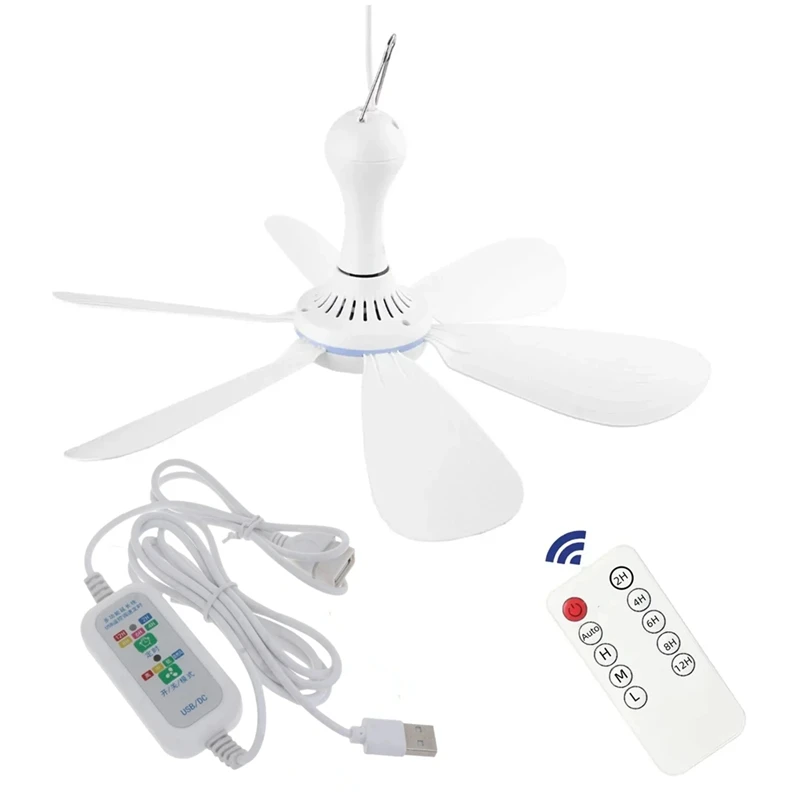 

Promotion! Silent 6 Leaves USB Powered Ceiling Canopy Fan With Remote Control Timing 4 Speed Hanging Fan For Camping Bed Dormito