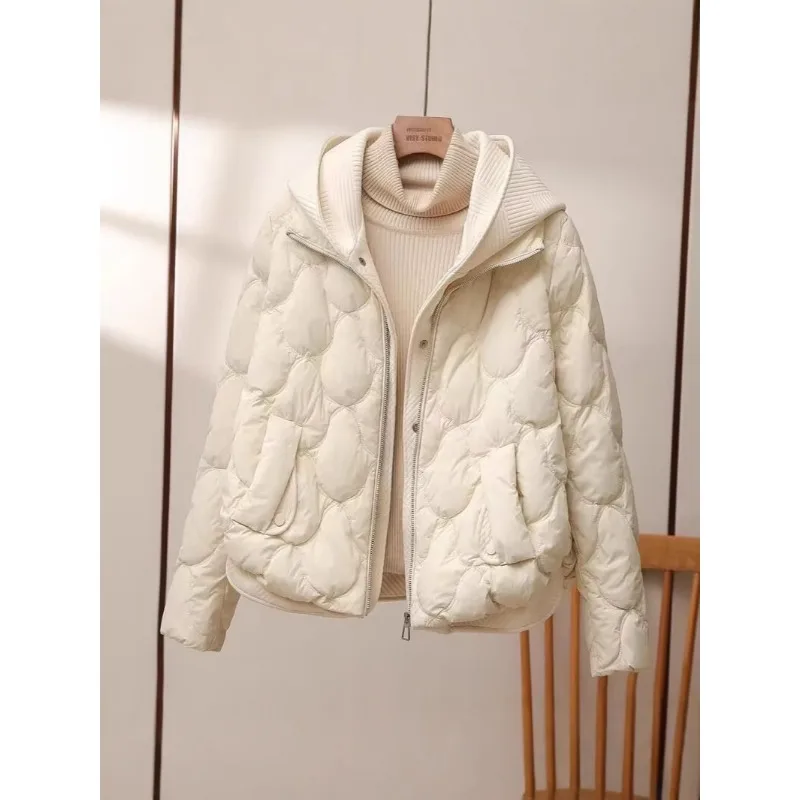 Fake Two-piece Knitted Hooded Women Coat Winter New Short Loose Thickened Coat Women's Jacket Casual Long Sleeves Zippers Tops