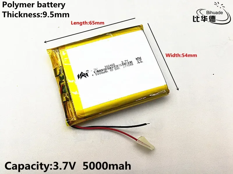 Batería de polímero de litio recargable para tableta, calentadores de manos con enchufe de 2 pines, 955465, 955565, 3,7 V, 5000mAH, li-po, PH 2,0mm