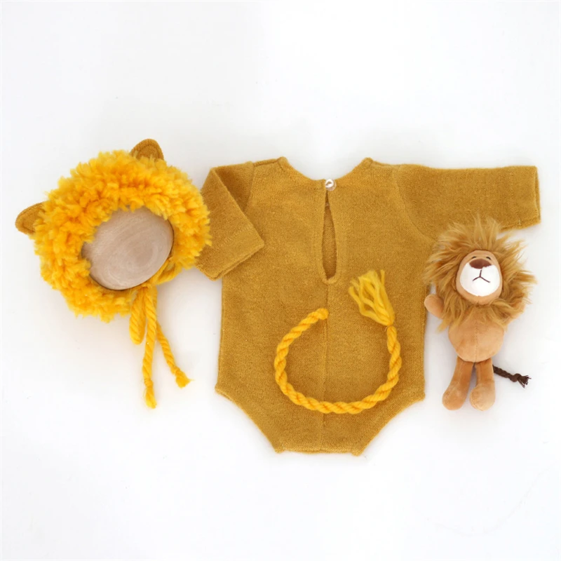 Newborn Photography Animal Costume Lion Doll Plush Hat Romper Tail 4pcs Outfits Boys Girls Infant Photo Shoot Prop Clothing