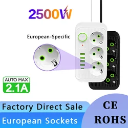 EU Plug Electrical Socket 2M Extension Cord with 4 USB 1 Type-C Port Network Filter Charging Power Strip Multiprise 3AC Outlets