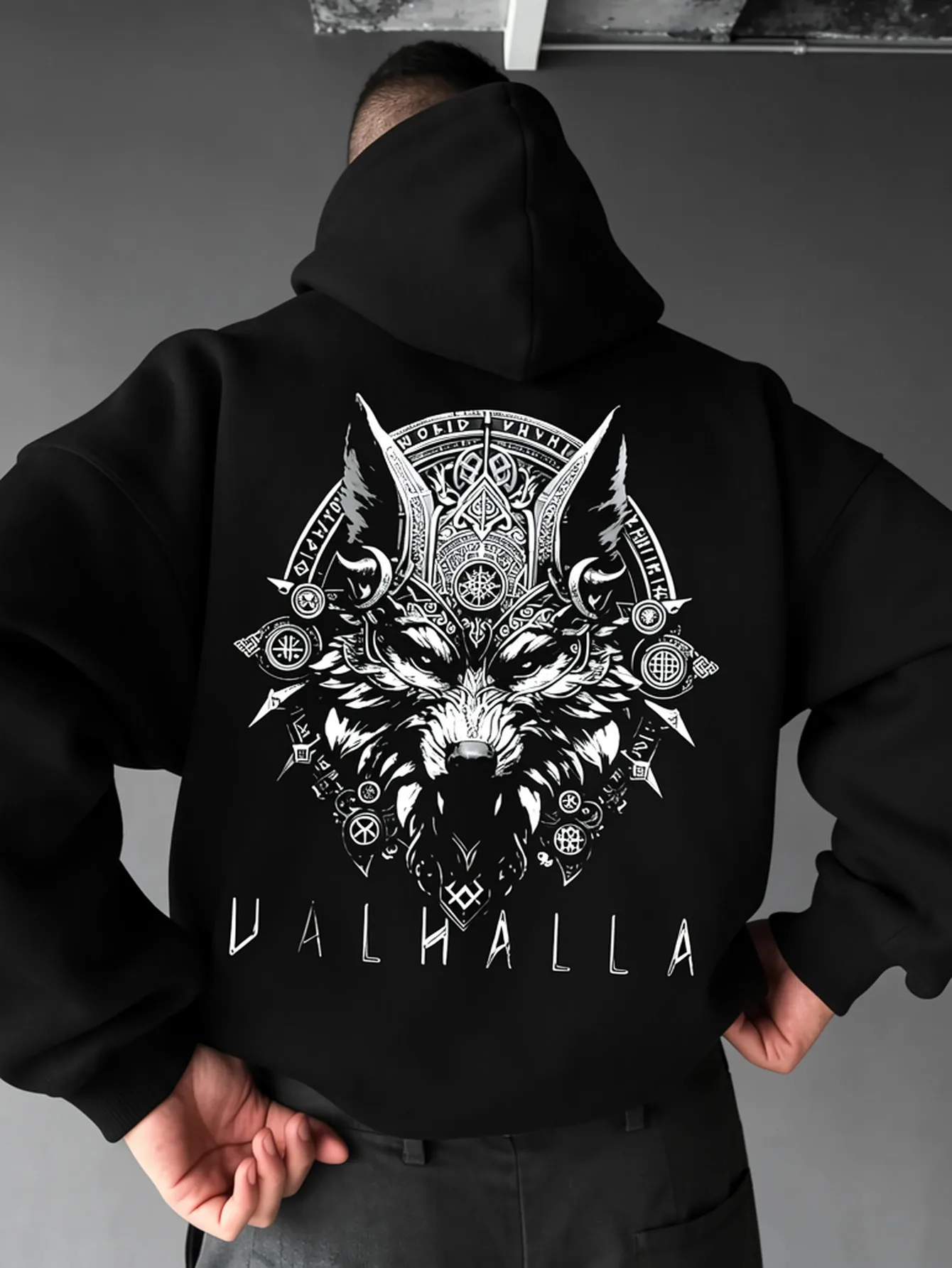 Viking Wolf Fenrir Graphic Printed Mens Fleece Hoodies Warm Winter Athletic Sportswear Sweatshirt Casual Loose Workout Pullover