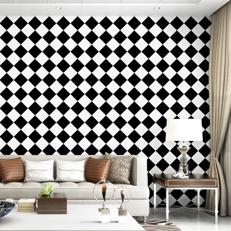 Black and white wallpaper modern simple American square lattice diamond geometry living room bedroom dining room TV background