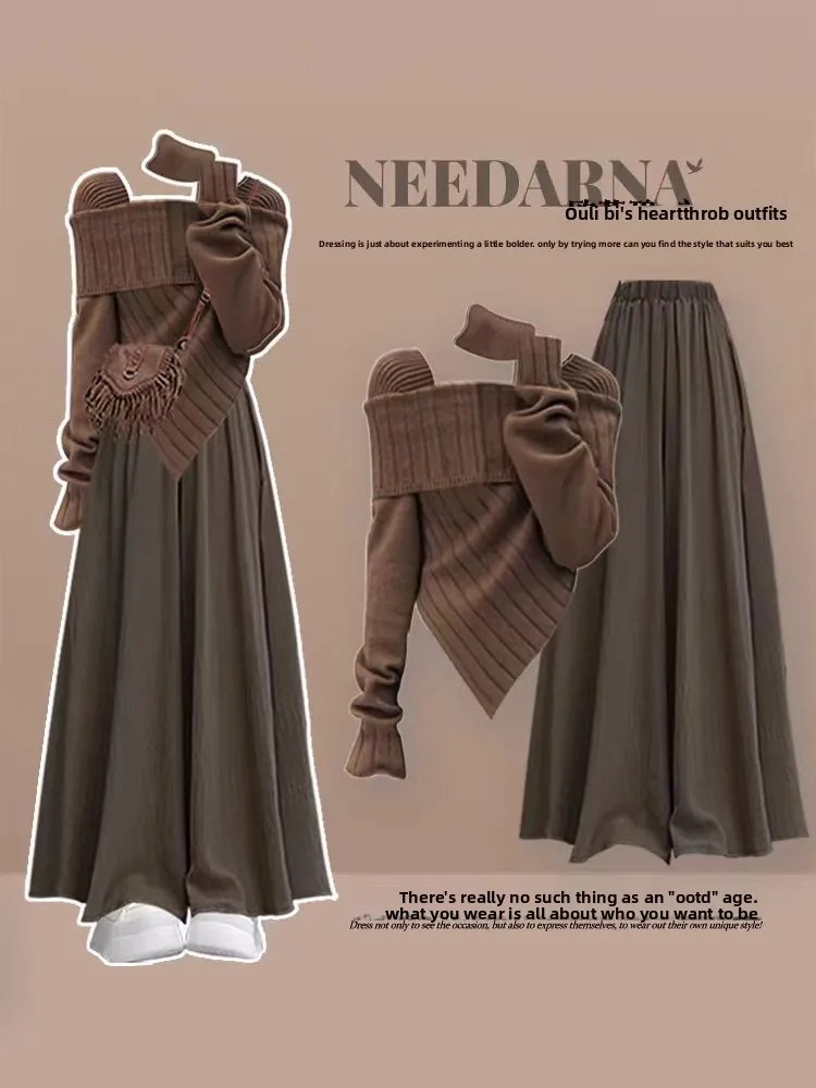 

Ранняя осень-зима 2024, комплект из двух предметов, легкий топ для взрослых с ленивыми брюками, юбка, ансамбль, хлопковая длинная одежда...