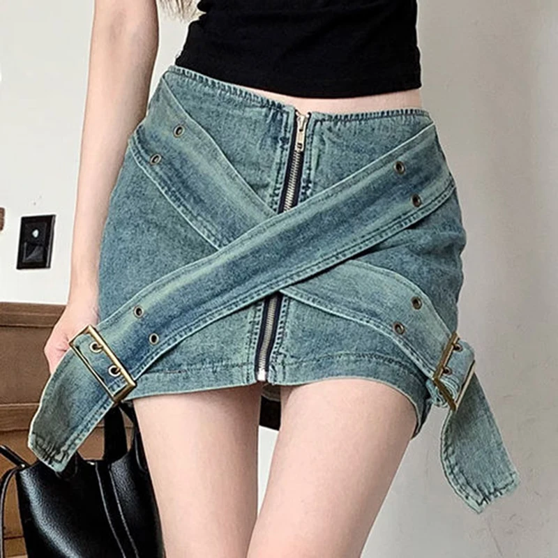 

New Cross Metal Button Zipper Ultra Short Wrap Hip Denim Skirt Short for Women harajuku mini skirt Slim