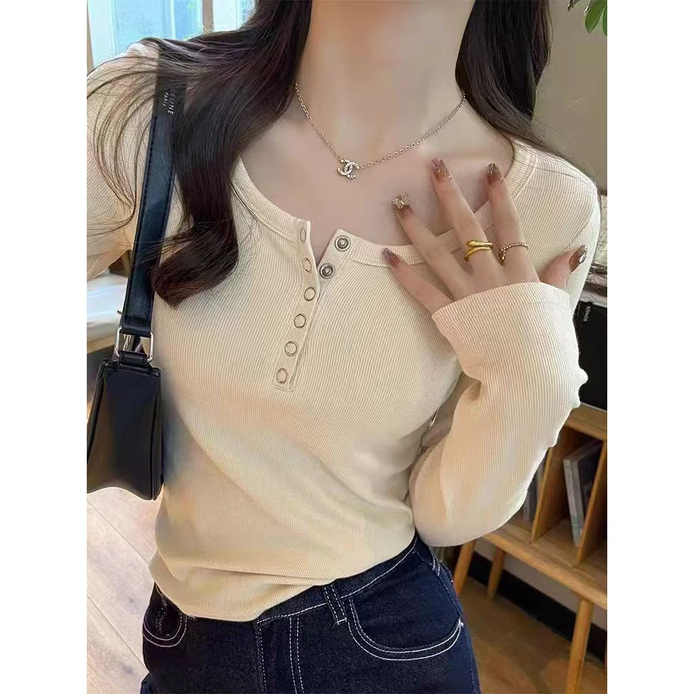 Spring Autumn Grey Ribbed Long Sleeve T-Shirt Women Loose Versatile Slimming Button up Base Shirt Inner Wear Top