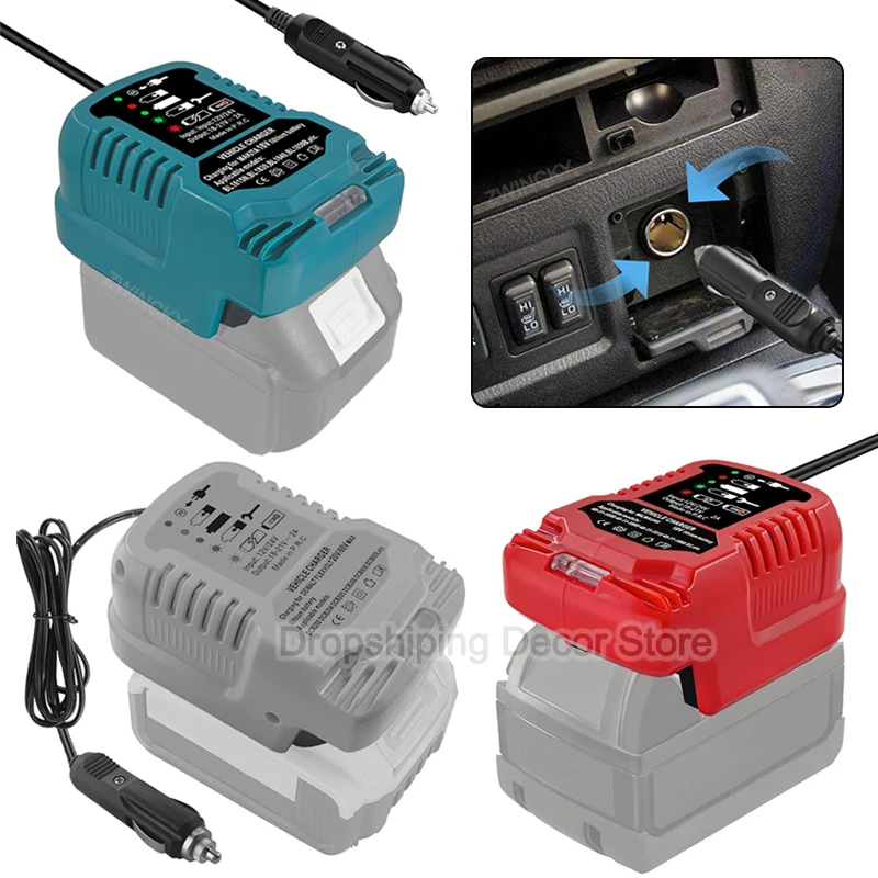 Carregador de Carro Compacto Mini DC 12V/24V para Bateria Li-ion com Plugue de Acendedor de Cigarros e LED para Makita/Dewalt/Milwaukee/Bosch/Einhell 18V
