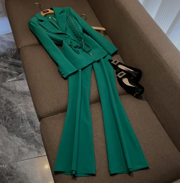 

Lady High Quality Designed Lace-up Office Fashion Suit Notched Long Sleeve Single-breasted Blazer Flare Pants Women Solid 2Pcs