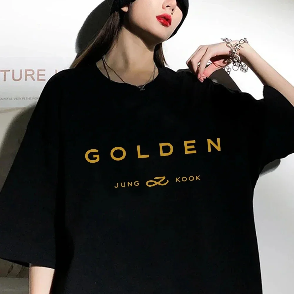 JungKook Gold Short sleeved Women's Aesthetics Standing by Your Side T-shirt Unisex Album Letter Print Gold Short sleeved Korea