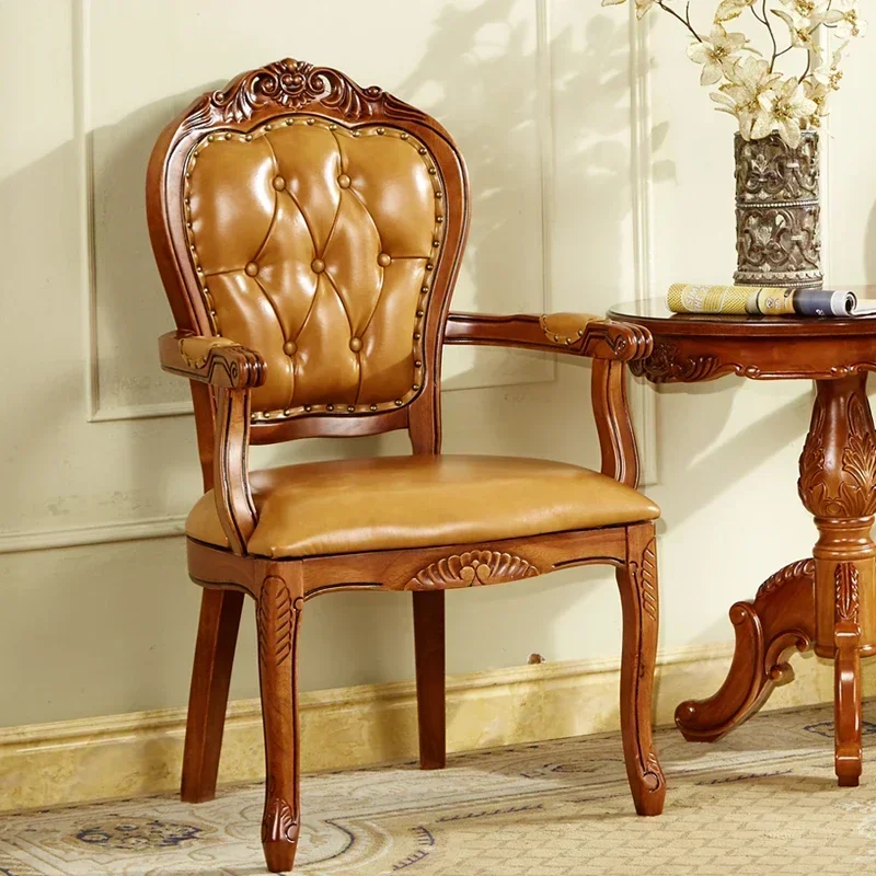 Advanced home armrest dining chair, waterproof fancy luxury wooden dining chair, modern leather lounge chair
