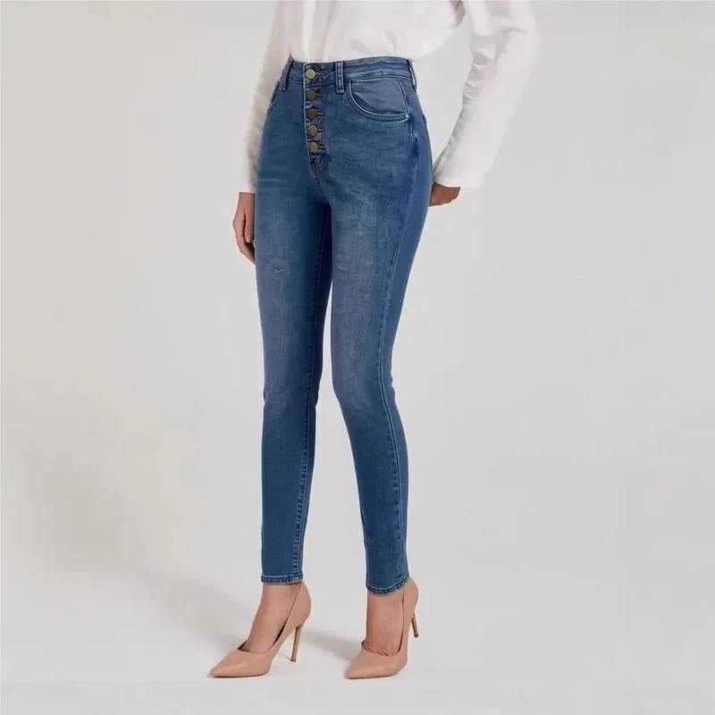 

Women High Waist Elastic Slim Fit Skinny Jeans Lady Vintage Button Pencil Long Pants Narrow Straight Wrap Hips Casual Trousers
