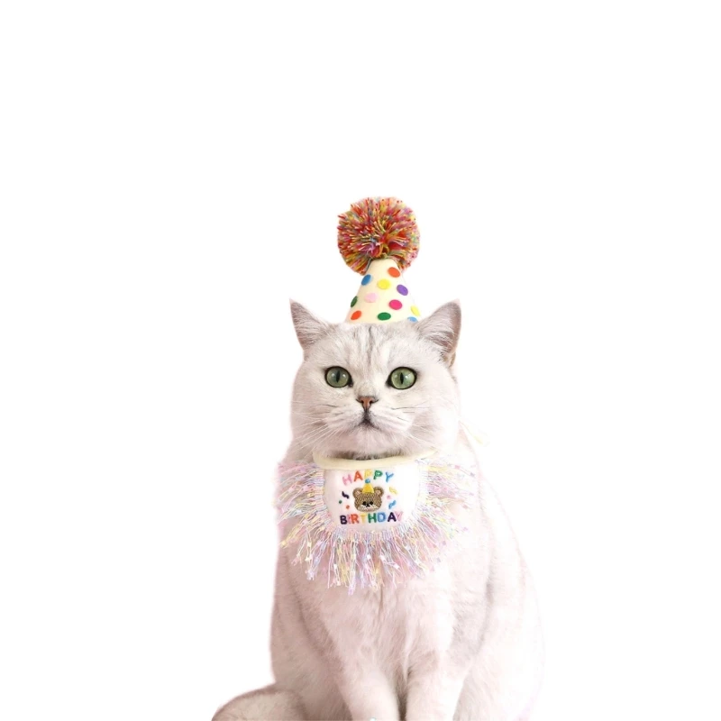 Trend Cats Dogs Birthday Hat with Sequins Tassels Bib Birthday Bandanas Hat