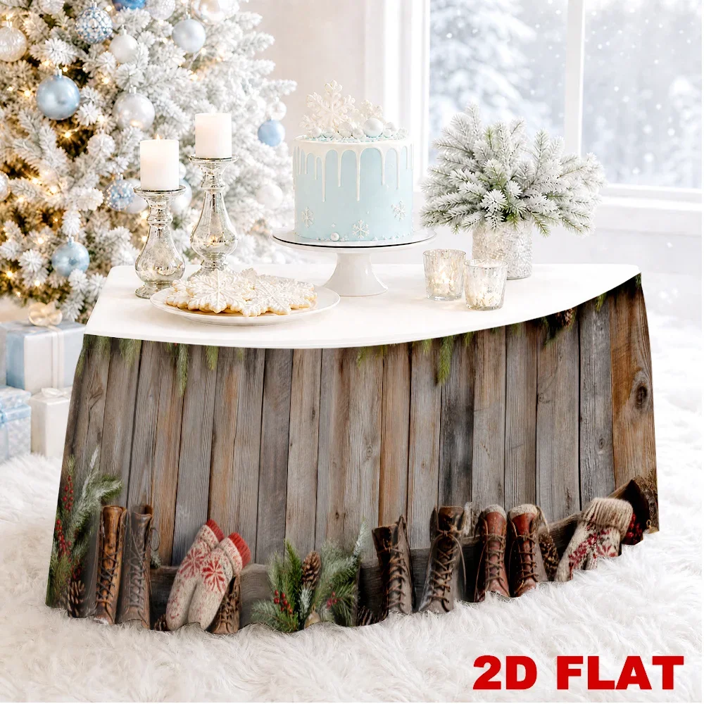 2D flat winter wooden boots and gloves table skirt, back-to-school season, wedding, party, Halloween