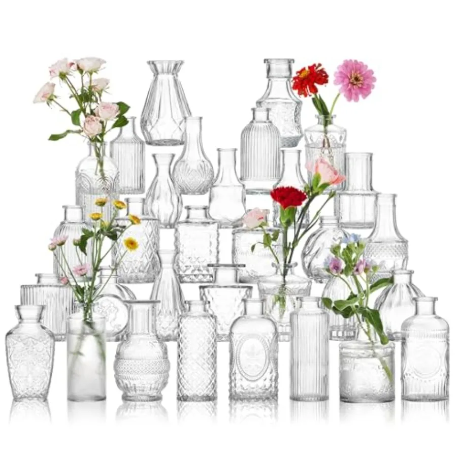 

Glass Bud Vase Set of 32 Pcs, Vintage Clear Small Glass Vases for Flowers, Glass in Bulk, Mini Vase for Centerpieces, Wedding,