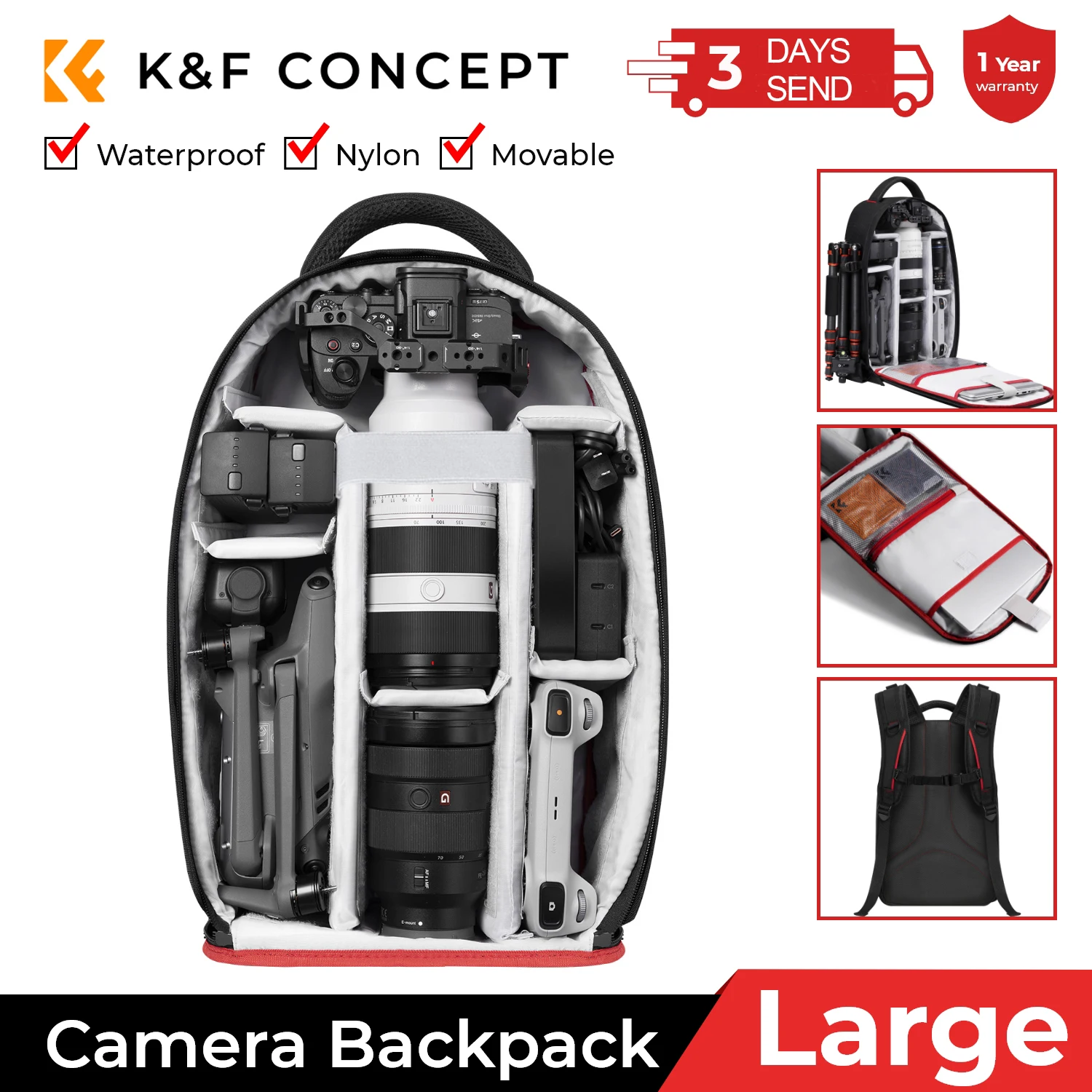 

K&F Concept Camera Backpack For Photographer Large Waterproof Video Camera Bag with Laptop/Tripod Compartment For Travel Outdoor