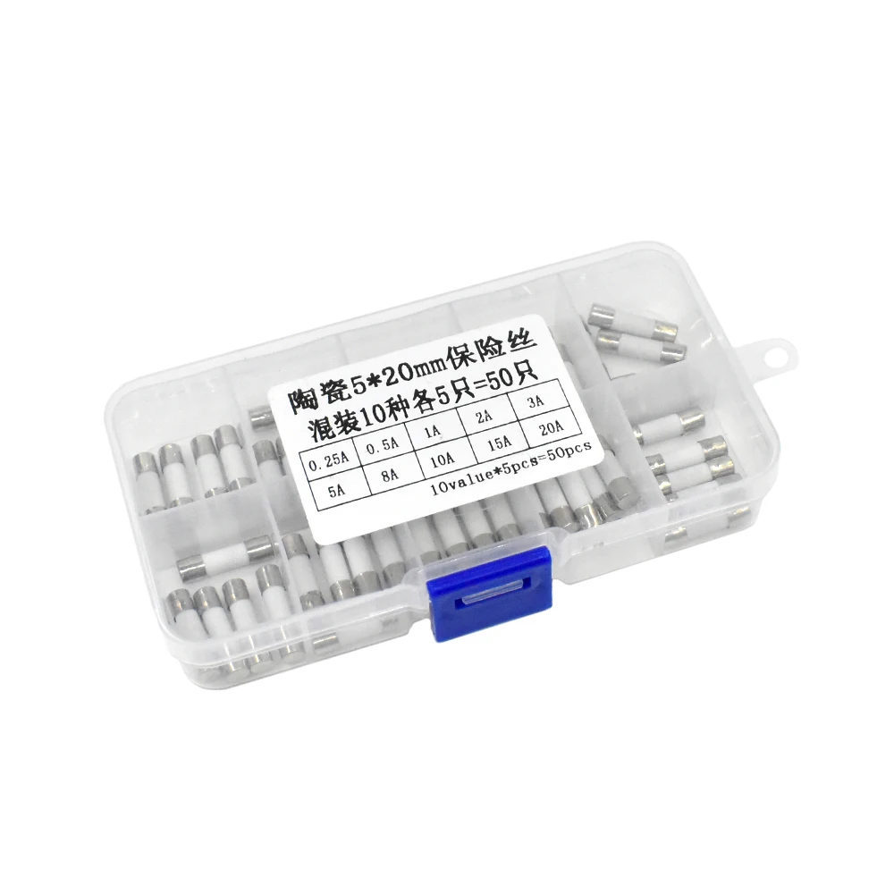 50pcs Ceramic Fuse 5mm x 20mm Slow Blow T 0.25A 0.5A 1A 2A 3A 5A 8A 10A 15A 20A 250V