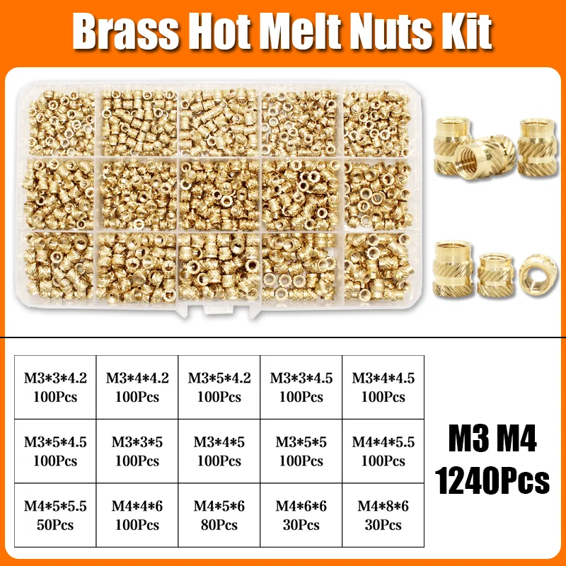 1400x Einsatz Gewinde Kit Messing Mutter M2 M3 M4 M5 M6 M8 Hot Melt Heat Set Einsätze für Kunststoff 3D Drucker Kupfer Rohr Einsetzen Mutter