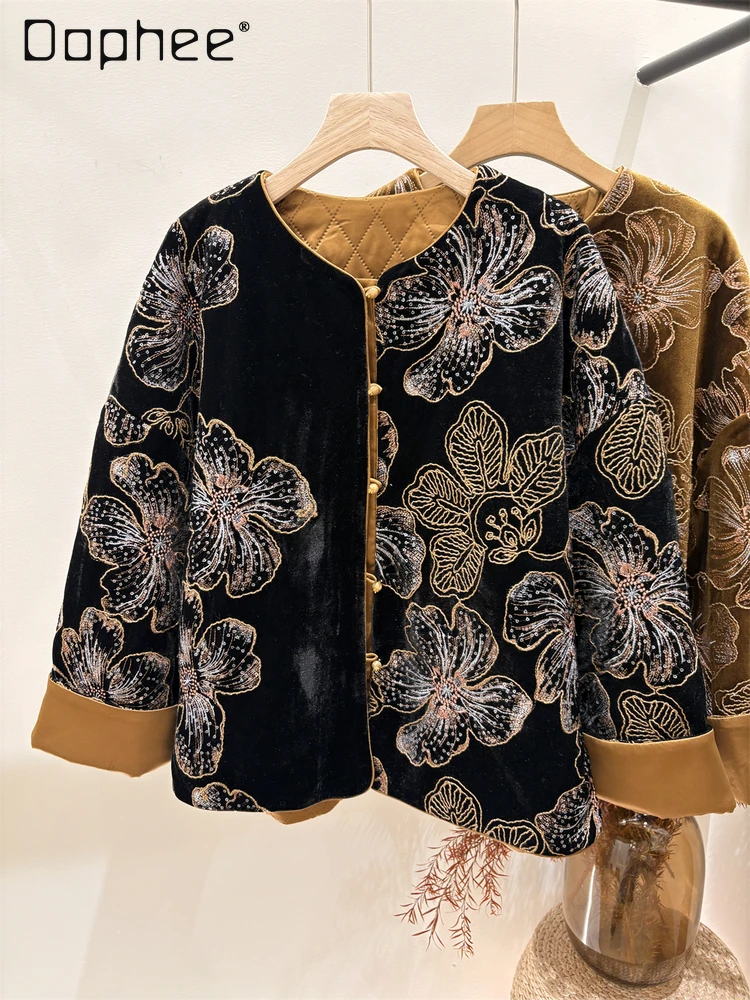 

New Chinese Style Heavy Embroidery Warm Cotton Jackets for Women Autumn New High-end Velvet Retro Elegant Socialite Fashion Coat
