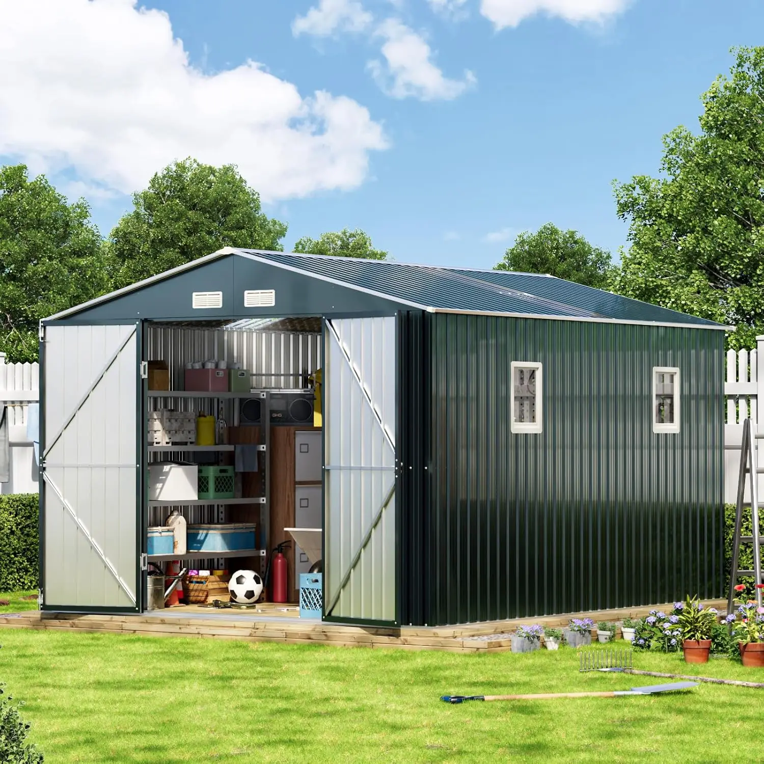 10X12X7.5 Ft Outdoor Steel Storage Shed With Lockable Doors, 2 Windows, Transparent Roof Panels (Wood Panels & Frame Floor Not