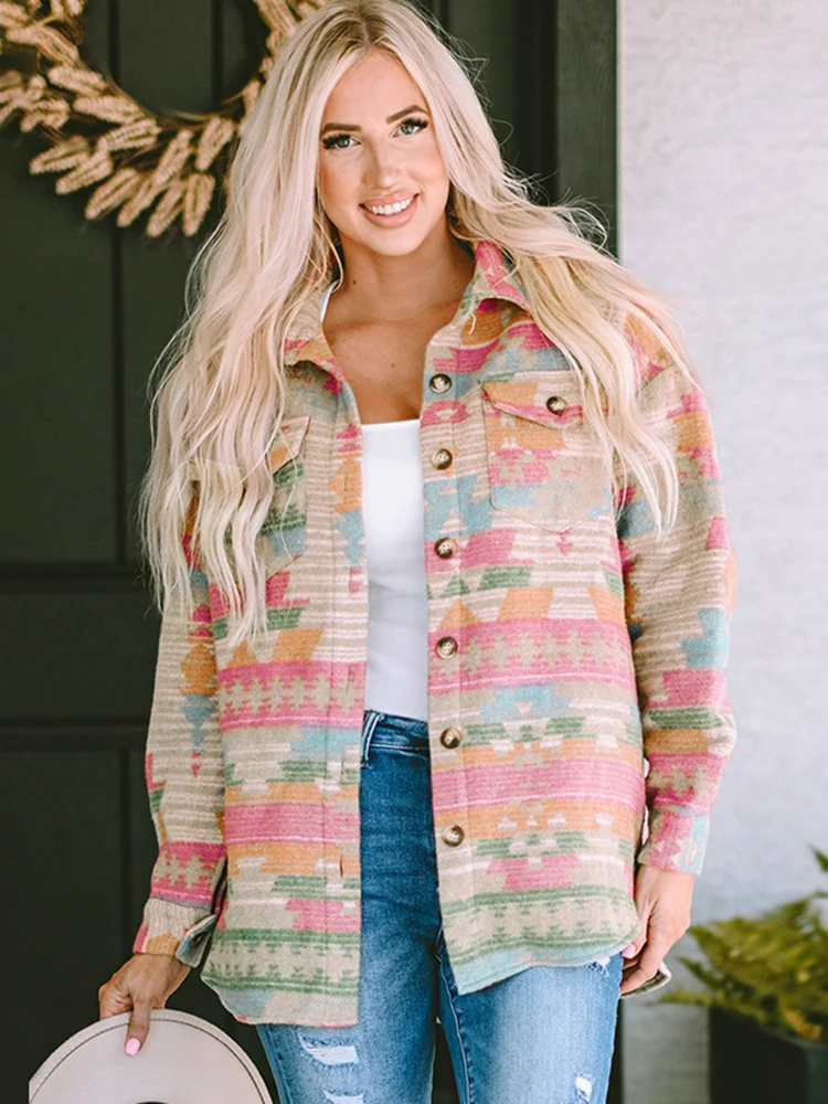 GypsyLady Western Aztec Vintage Jackets Boho Women Loose Autumn Winter Multicolor Button Flap Pocket Shacket Outerwear Jacket