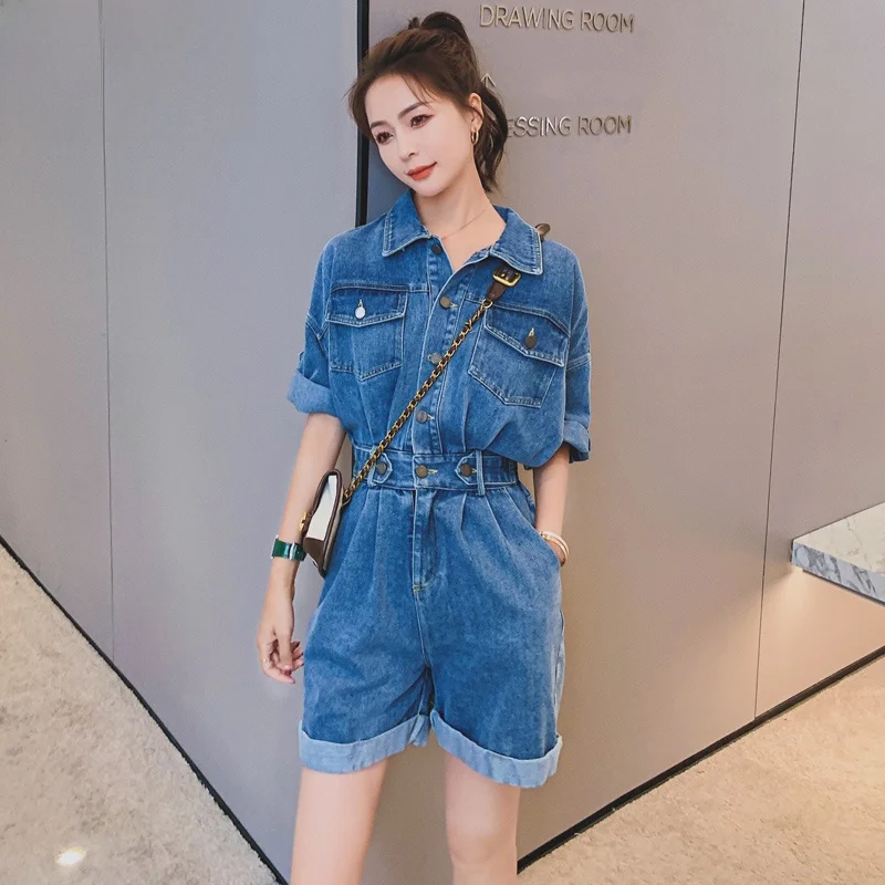 

High Waist Denim Overalls Women's Casual Workwear ort Pants Set Korean Sle Commute Pure Color Polyester Fiber Loose Fit