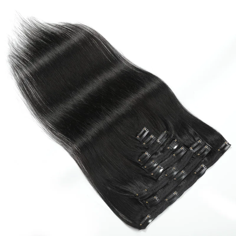 120g conjunto de grampos de cabelo humano em linha reta em extensões de cabelo preto natural 8 peças para cabeça cheia clipe ins pacotes virgem brasileira