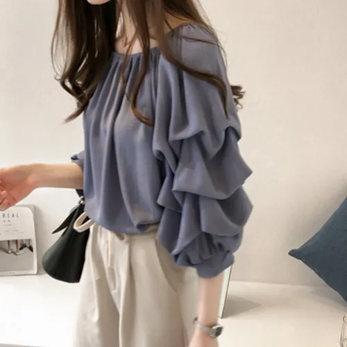 Herbst Neue Mode Koreanischen Stil frauen Lose Chiffon Langarm Slash Neck Shirts Weibliche Einfarbig Casual Trendy Kleidung Top