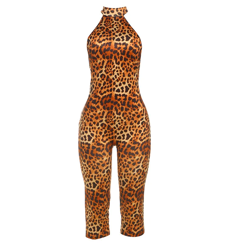 Europe and the United States summer new sexy hot girl halter neck strap leopard hip tight jumpsuit woman