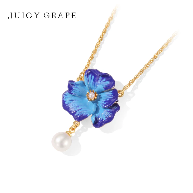 Juicy Grape Blue Flower Adjustable Necklace for Women 18K Gold Hand-Enameled Chain Jewelry for Valentine's Day Birthday Gift