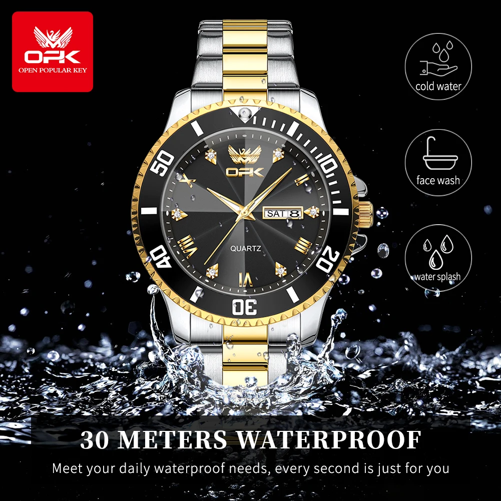 OPK 8171 Men\'s Watches Simple Casual Original Quartz Watch for Man Waterproof Stainleess Steel Luminous Dual Calendar Display