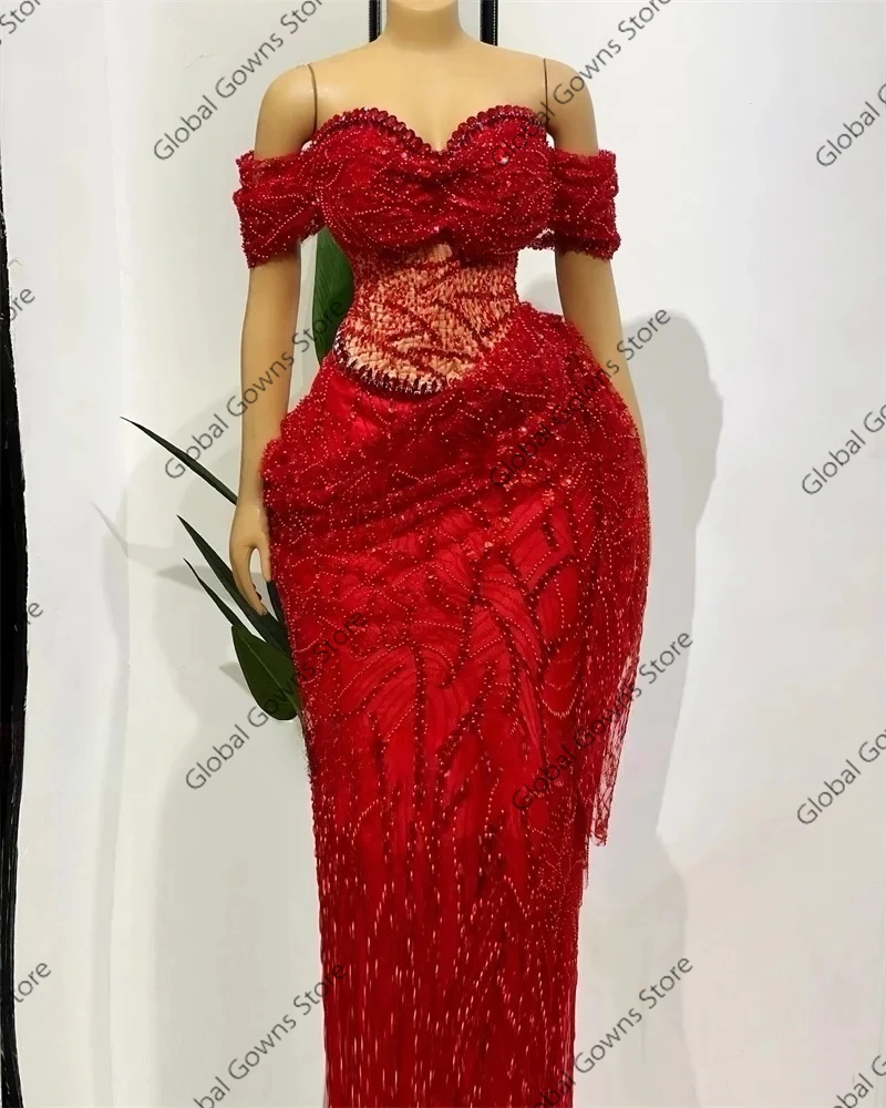 Aso Ebi Red Lace Beaded Off The Shoulder Mermaid Evening Dresses 2025 Sparkly Crystals Wedding Party Gowns Prom Dress Customized image 4