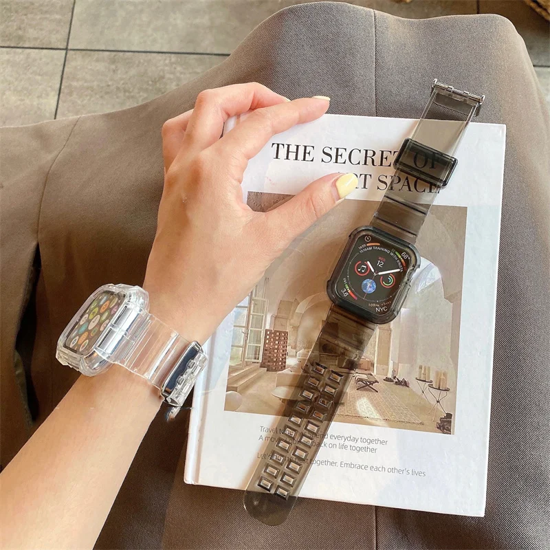 Pulseira de plástico transparente para Apple Watch, Glacier Band e Case para iWatch Series 8, 7, 6, SE, 5, 4, iWatch 3, 38mm, 40mm, 49mm, 45 milímetros, 42 milímetros, 41 milímetros