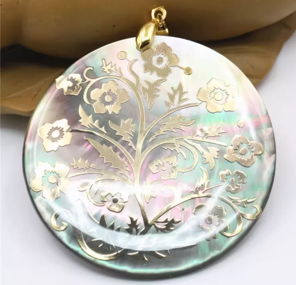 

50mm Round Natural Abalone Shell Pendant with Ethnic Style and Carved Flowers as a Gift for Mom