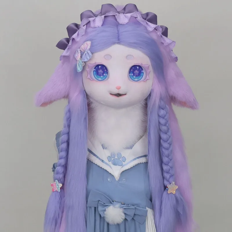 Anime Bunny Kigurumi Fursuit Head Mask Rabbit Ear Long Wig Big Eyes Lolita Cosplay Accessory Halloween Party Stage Performance