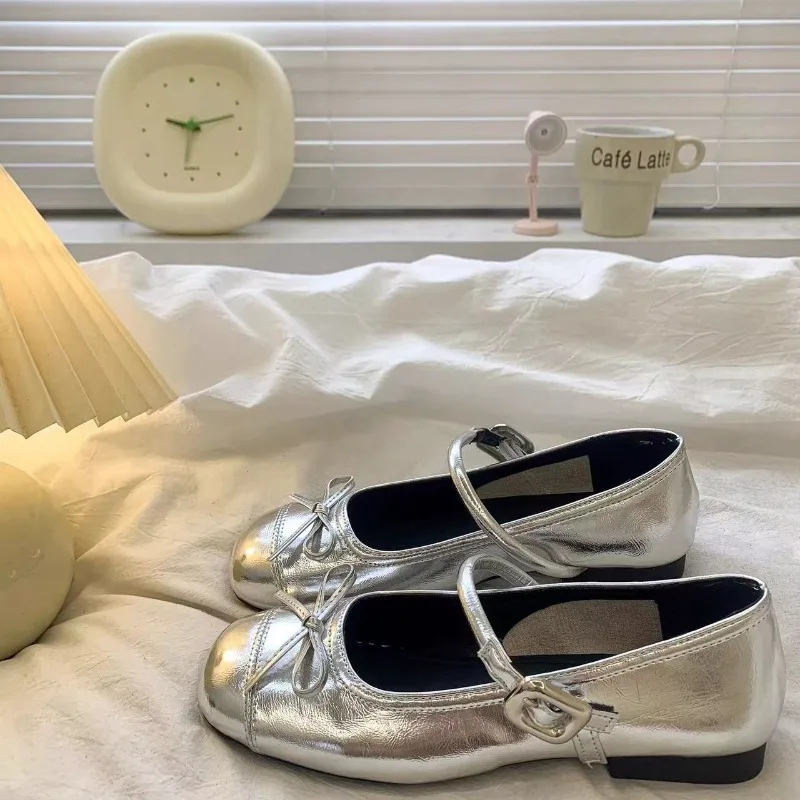 Girls Silver Princess Leather Shoes Bow and Buckle Strap - Elegant Big Shoe for Girls Bow Detail Dressy Flats Anti Slip Comfort