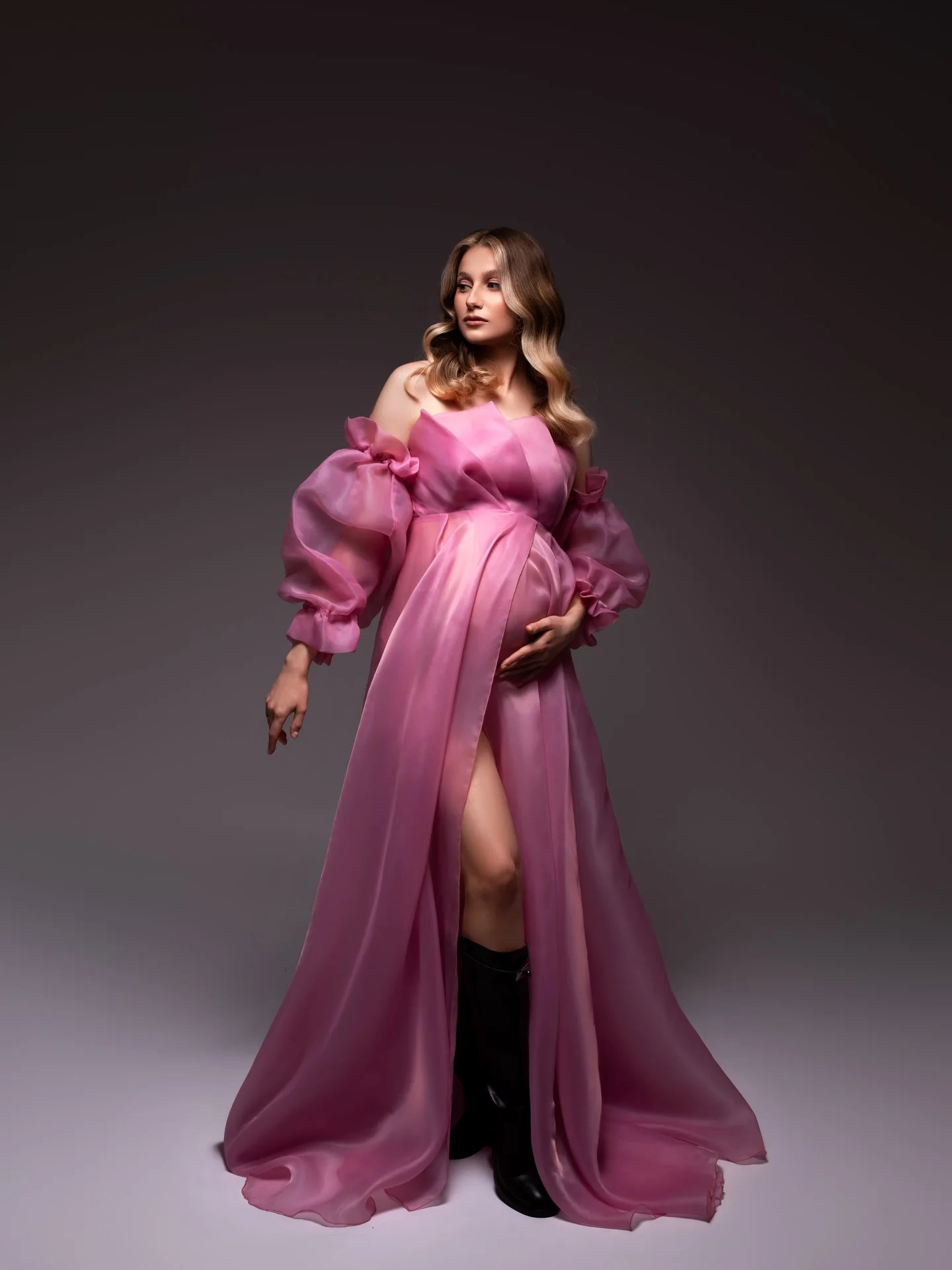 

Elegance Mauve Pink Maternity Dress Photoshoot Front Slit Detachable Sleeves Pregnancy Dress Baby Shower Photoshoot Dresses