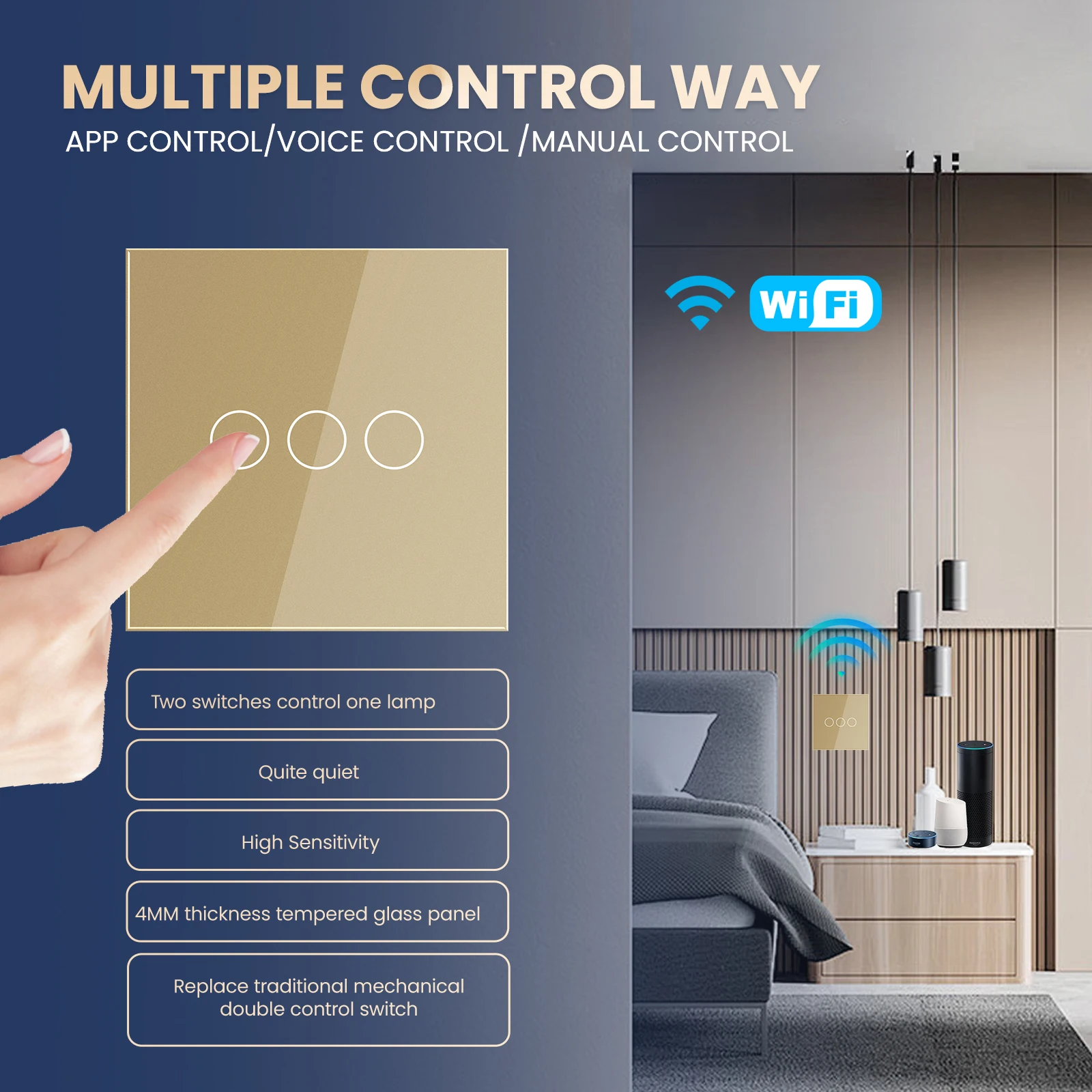 LOUYSGEN Wifi Smart Touch Switch  Wall Light Switch 1Gang 2Gang 2Way Neutral Wire Glass Tuya APP Compatible Smart Life Alexa