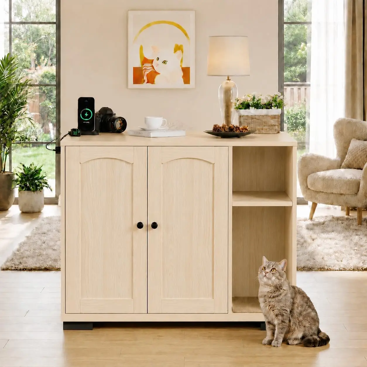 Garvee Large Cat Litter Box Enclosure Cabinet Corridor Cat Litter Cabinet Power Outlet, 5 ft Power Cord, Dog Proof Shelf, for Most Self-Cleaning Litter Boxes