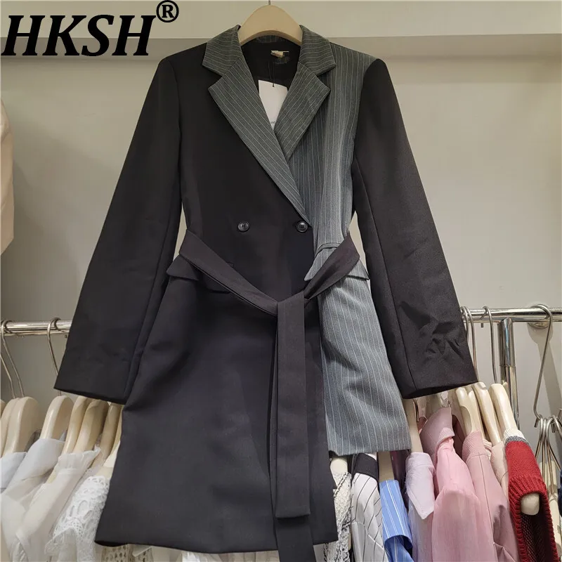 

HKSH весенне-осенний новый женский пиджак с цветными блоками в полоску в стиле пэчворк асимметричный дизайн с неровным подолом элегантная модная куртка HK11818