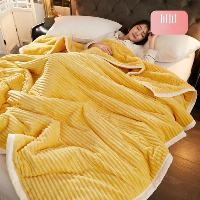 

New solid color three-layer thickening warm, soft and comfortable single and double flannel lamb velvet skin-friendly blanket