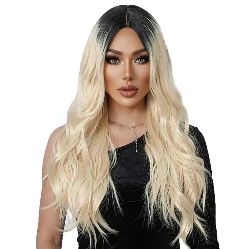 European and American style wig, light blonde long curly hair, natural transition synthetic fiber, 70cm front lace cap