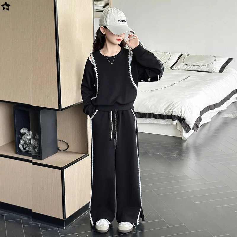 

Детские комплекты из 2 предметов для девочек, осенний свитшот с круглым вырезом + штаны с эластичной резинкой на талии, детский костюм для девочек, полосатый костюм с длинными рукавами, школьная одежда для девочек