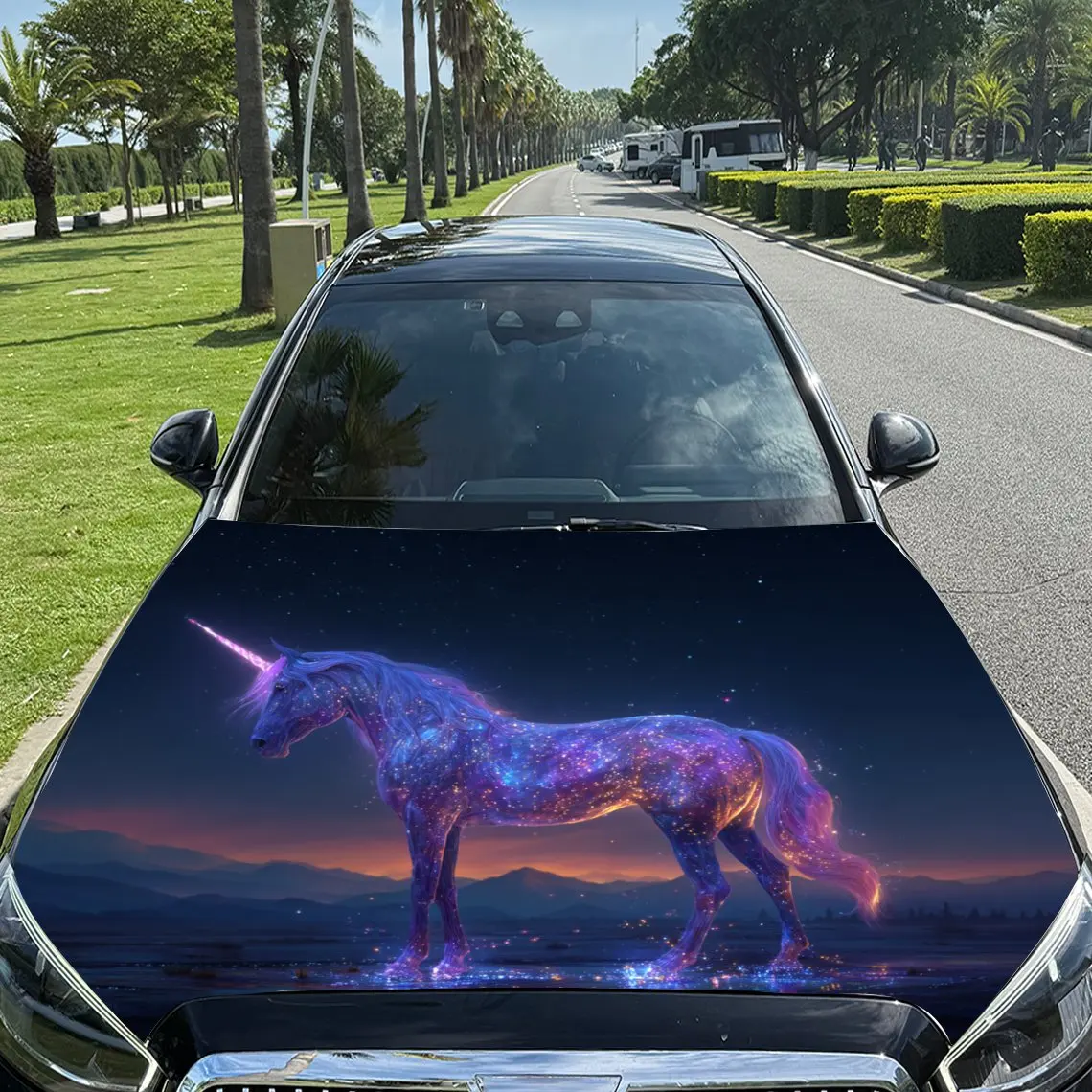 

Colorful Gradient Unicorn Under Dreamy Starry Sky Pattern car hood stickers, waterproof self-adhesive, scratch resistant, easy t