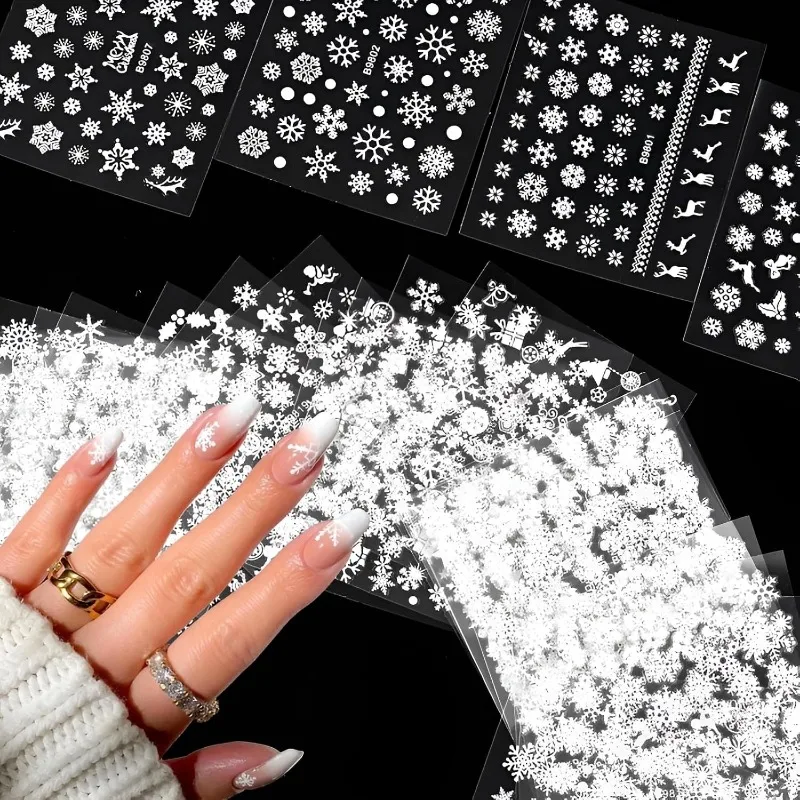 12Pcs Winter White Snowflakes Nail Art Stickers Laser Gold/Silver Snowflowers Self Adhesive Slider Sparkly DIY Manicure Decals