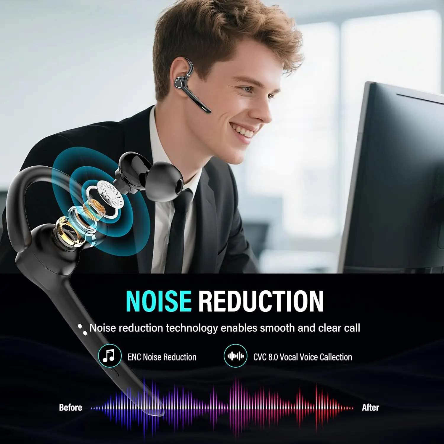 Bluetooth Headset with APTX HD, CVC 8.0/ENC Dual Mic, Mute Button, Dual Connection, 90H Playtime, Single-Ear for Trucker Business - view 6