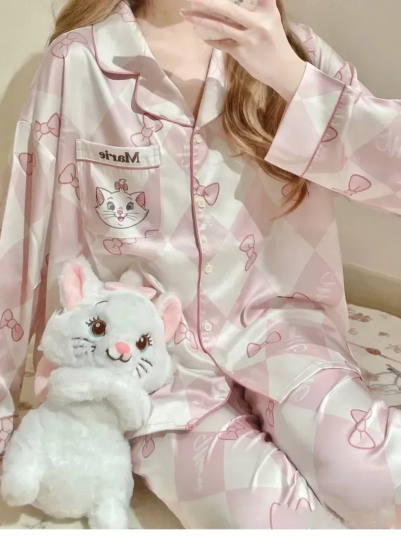 New Marie Cat Cartoon Sweet Cute Girls' Pajamas Spring  Autumn Ice Silk Long Sleeve Lapel Soft Pajamas Home Wear Christmas Gifts