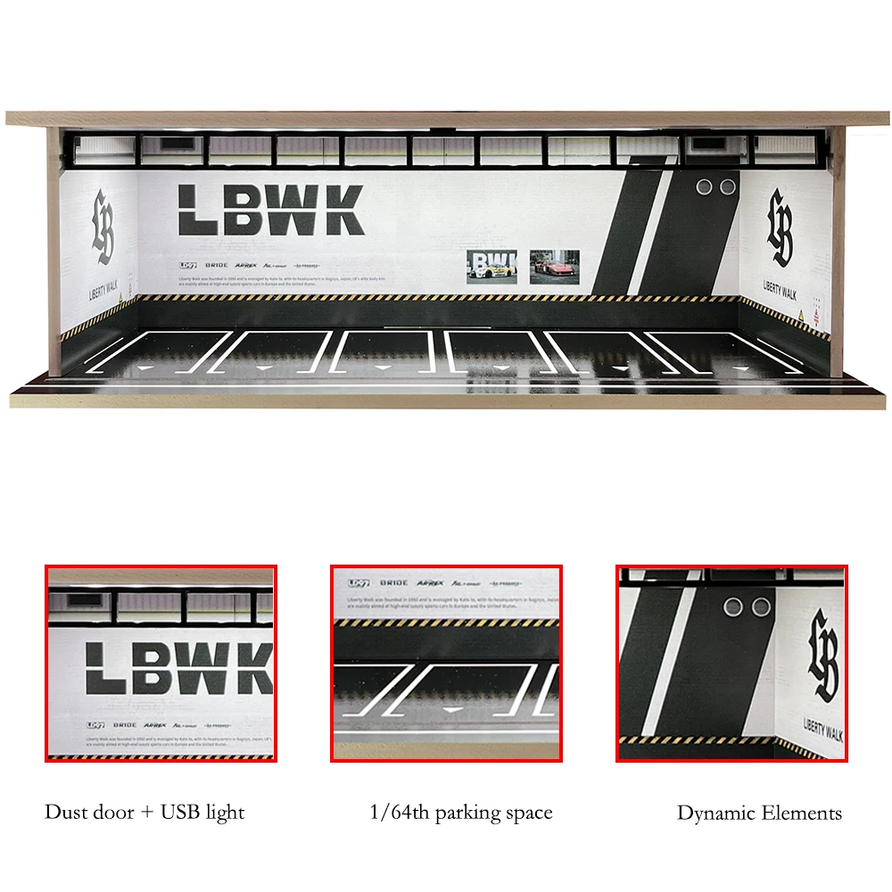 1/64 مقياس دييكاست سيارة عرض القضية مع مصباح ليد واقعية سيارة المرآب ديوراما المنمنمات نماذج مجموعة دييكاست سيارة عرض حالة