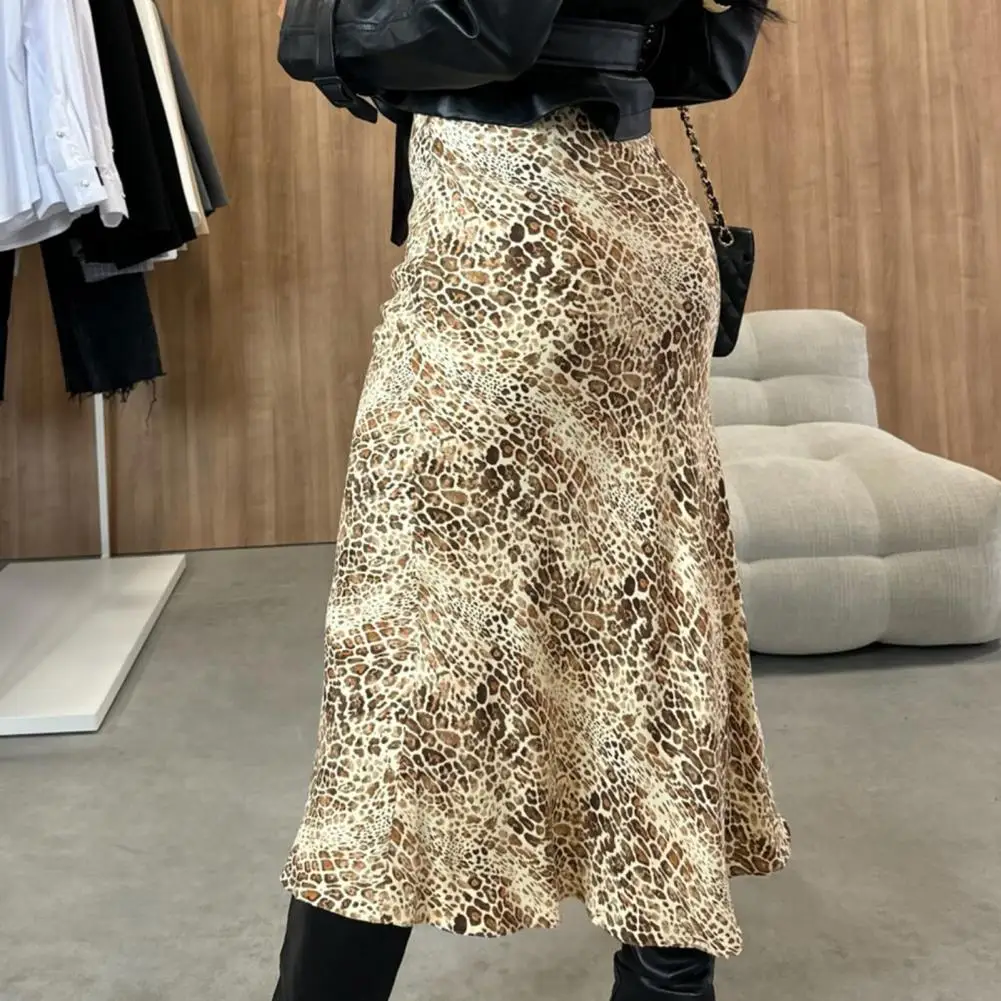 Leopard Print Midi Skirt Leopard Print High Waist Midi Skirt with Zipper Detail Women's Commuting Style Mid-calf Length Skirt